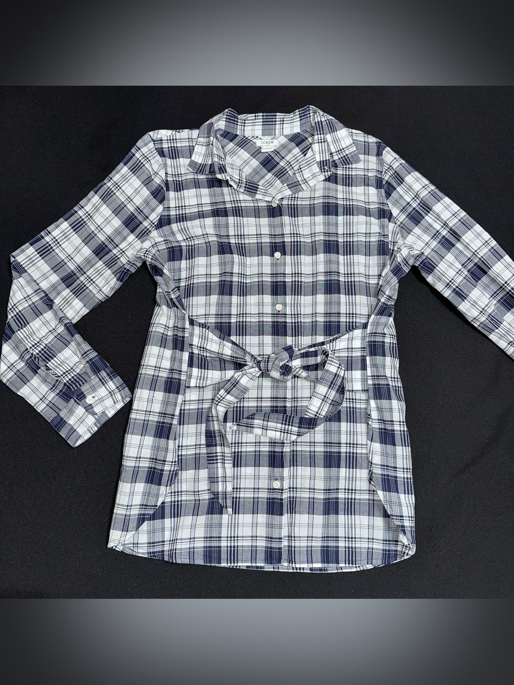 J.Crew Factory Plaid Button-Front‎ Tie-Waist Shirt Navy & White medium